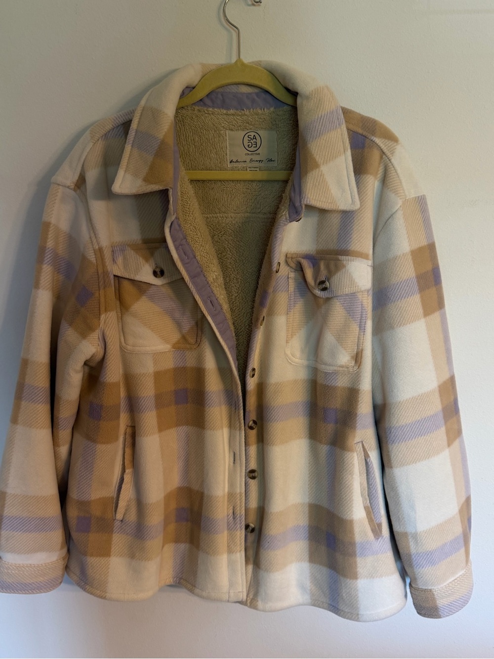 SA Collective Sherpa Libed Plaid Shacket Jacket in Cream/Tan/Lavender
